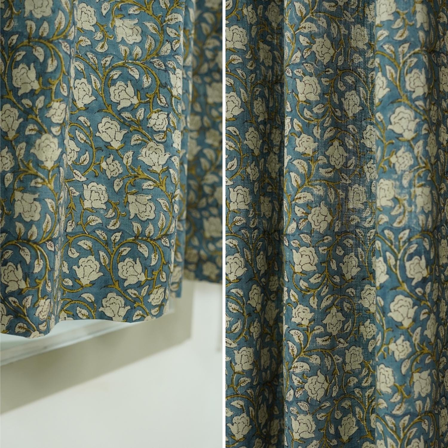 Block Print Pure Linen Blackout Curtains - Indian Print Window Panels for Elegant Home Decor - Amritvela