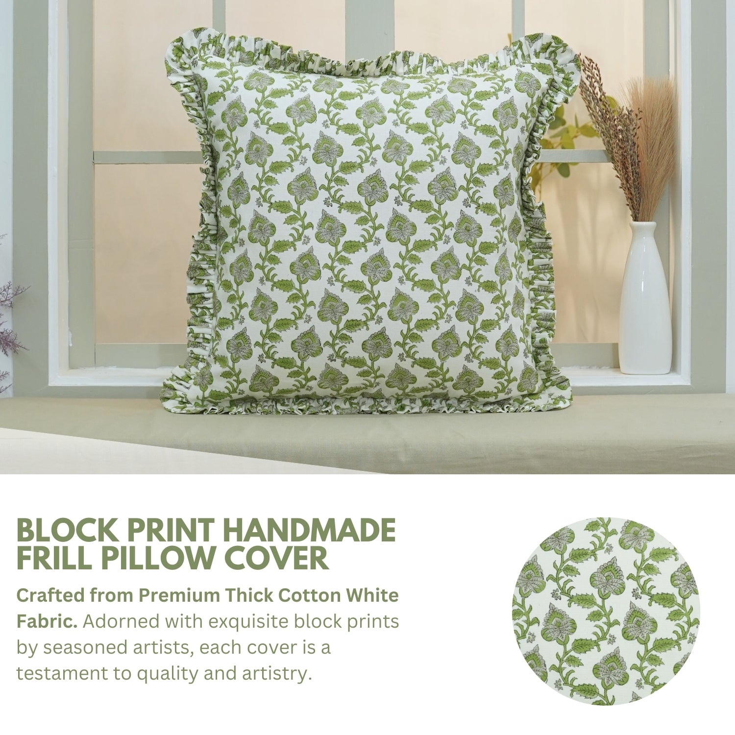 Block Printed Thick Cotton White Frill Pillow Cover - Madhubala in Green/Gray