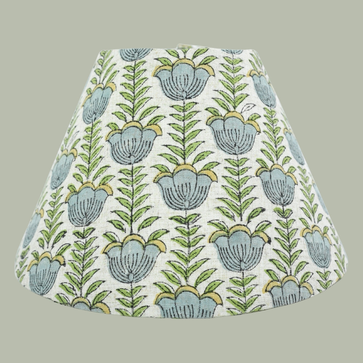 Lotus Gray & Green Floral Viscose Linen Table Lampshade | Drum & Coolie