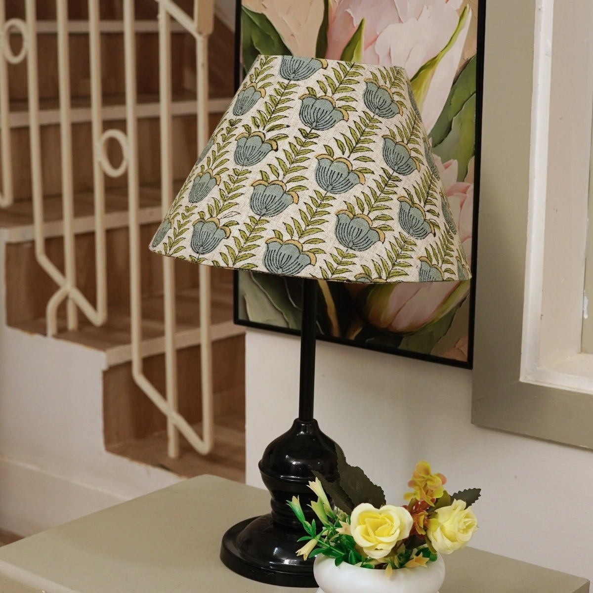 Lotus Gray & Green Floral Viscose Linen Table Lampshade | Drum & Coolie