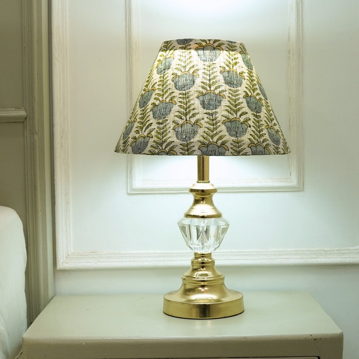 Lotus Gray & Green Floral Viscose Linen Table Lampshade | Drum & Coolie