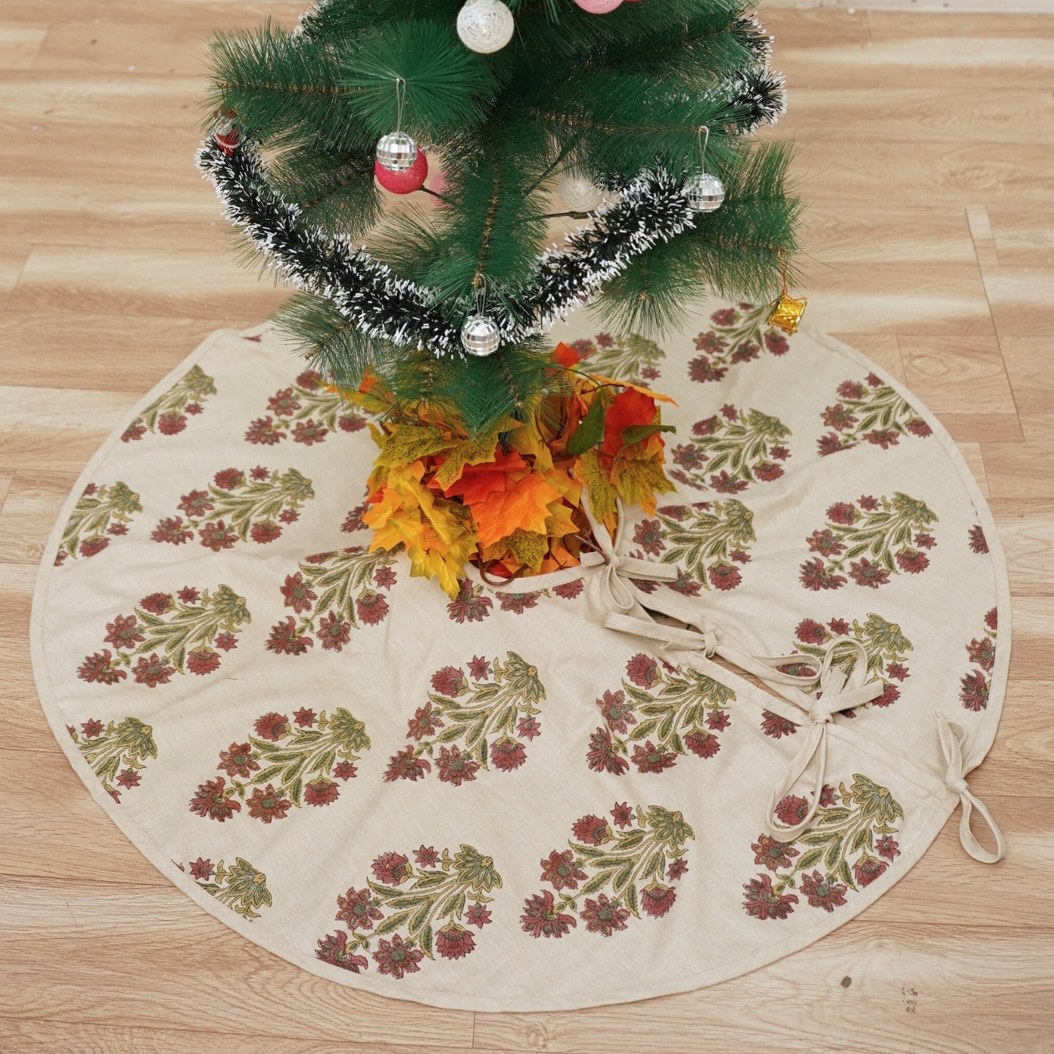 Indian Handcrafted Block Printed Linen Blend Rose Gold & Green Morpankh Floral Christmas Tree Skirt – Holiday Decor