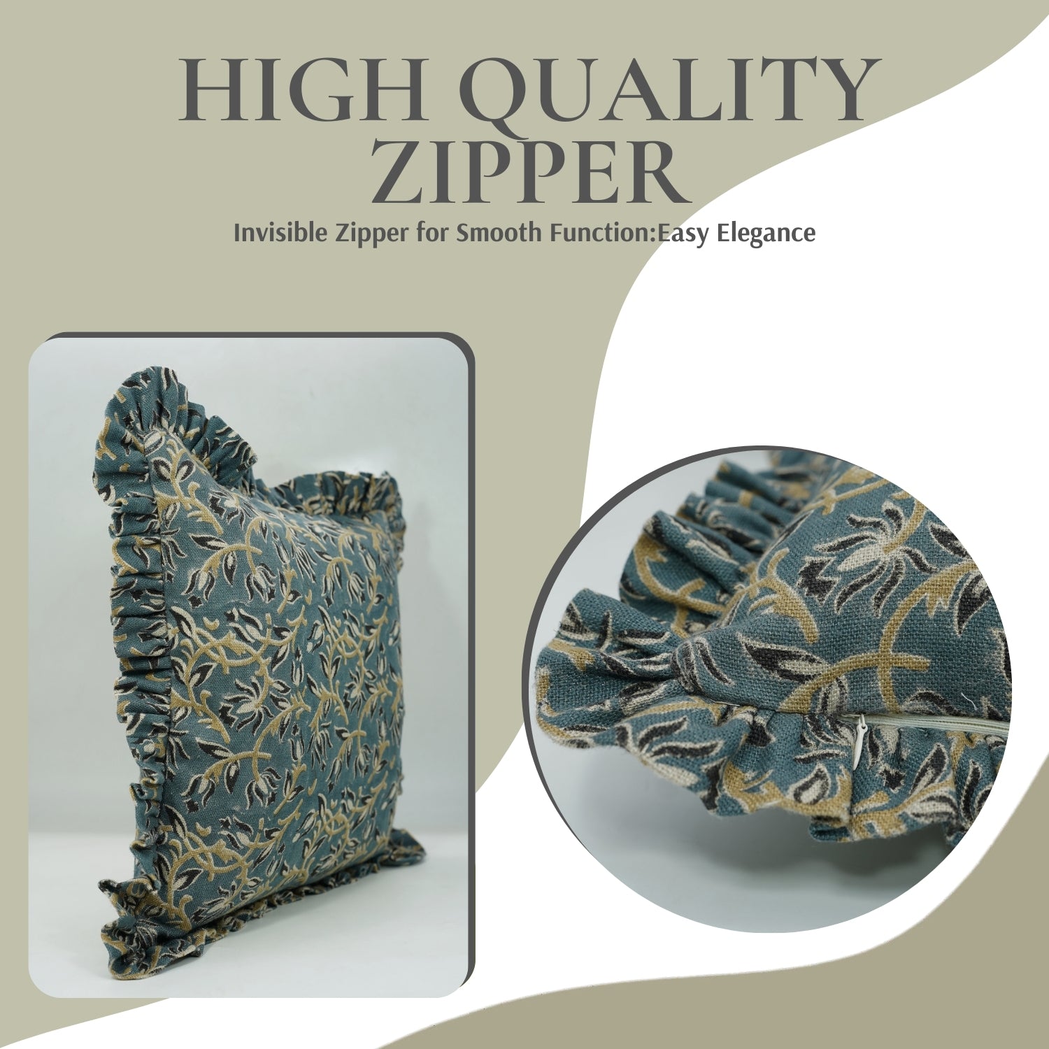 Block Printed Floral Thick Linen Frill Pillow Cover - Kamaldutta