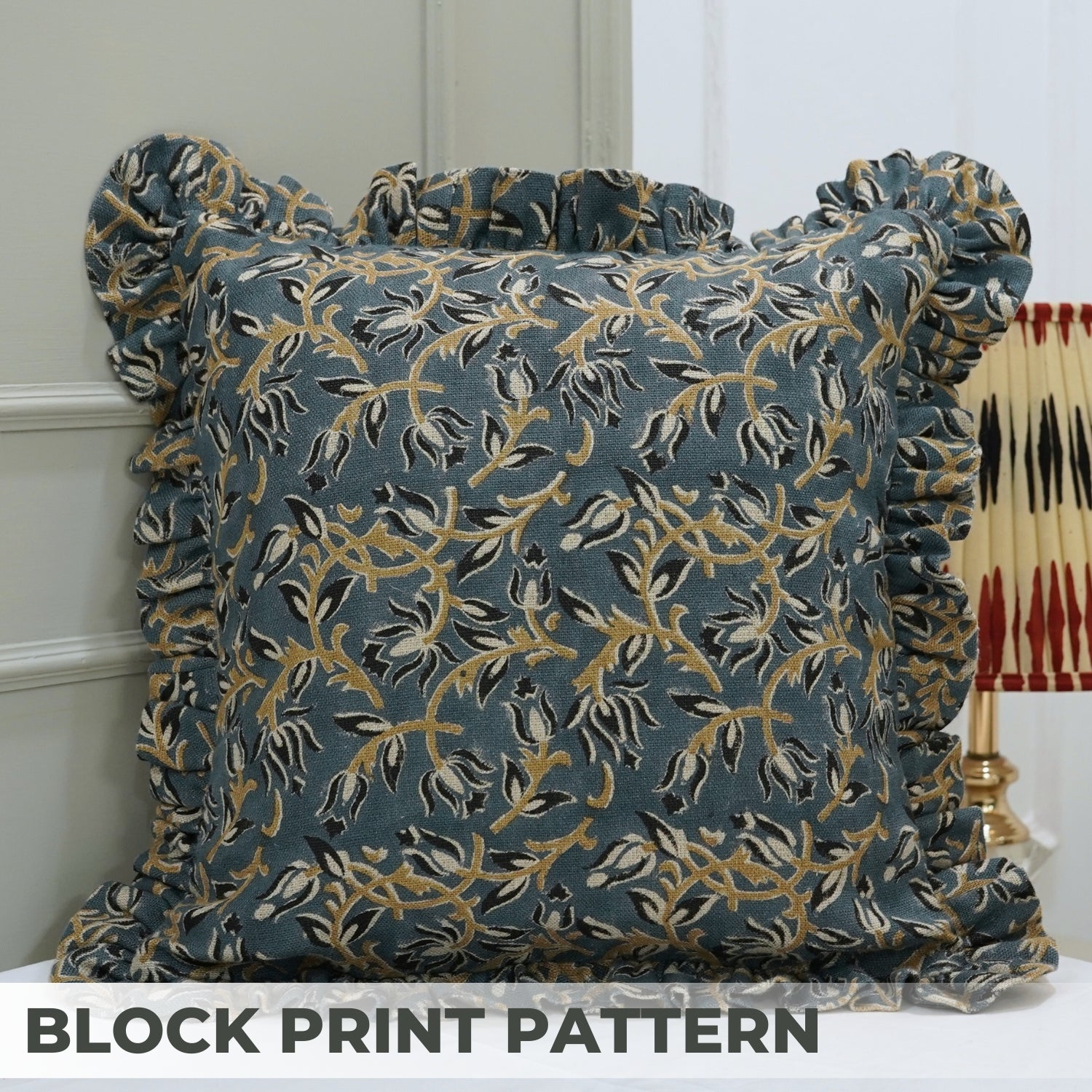 Block Printed Floral Thick Linen Frill Pillow Cover - Kamaldutta