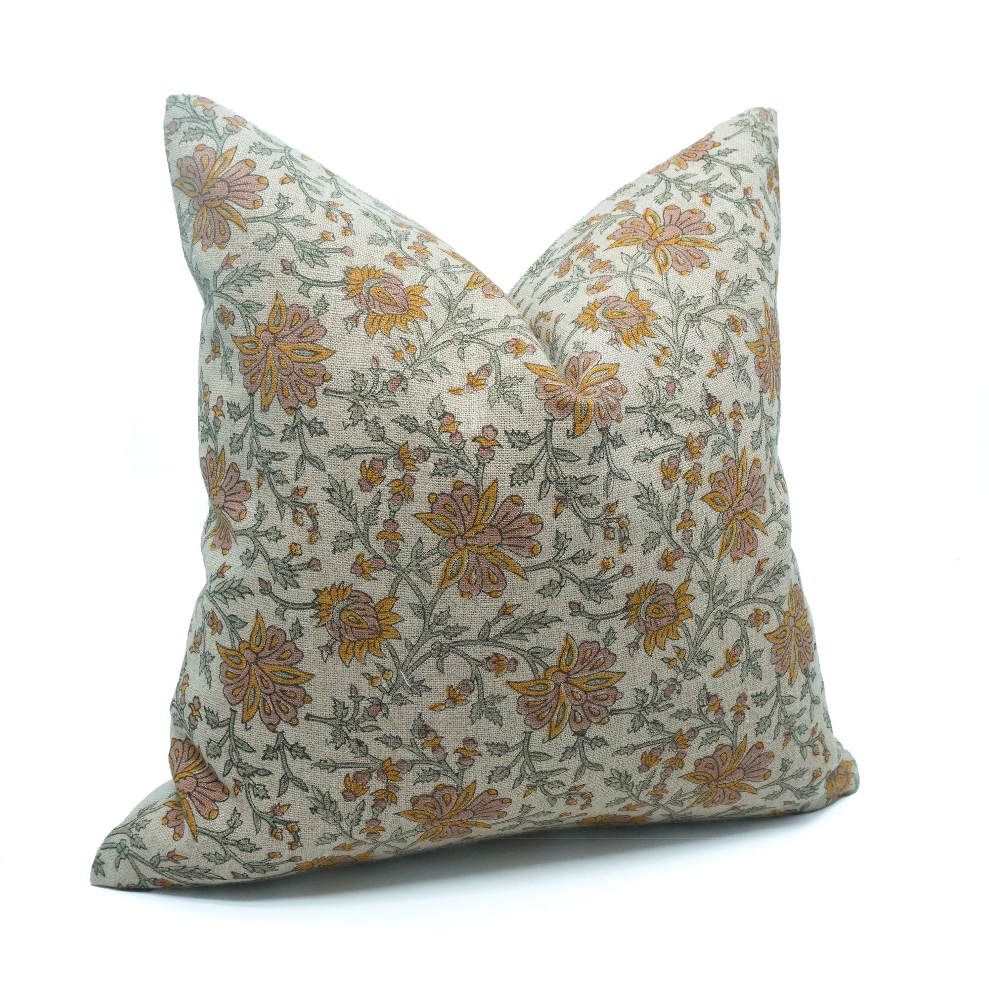 Neerabel Orange Floral Handcrafted Heavy Linen Pillow Cover