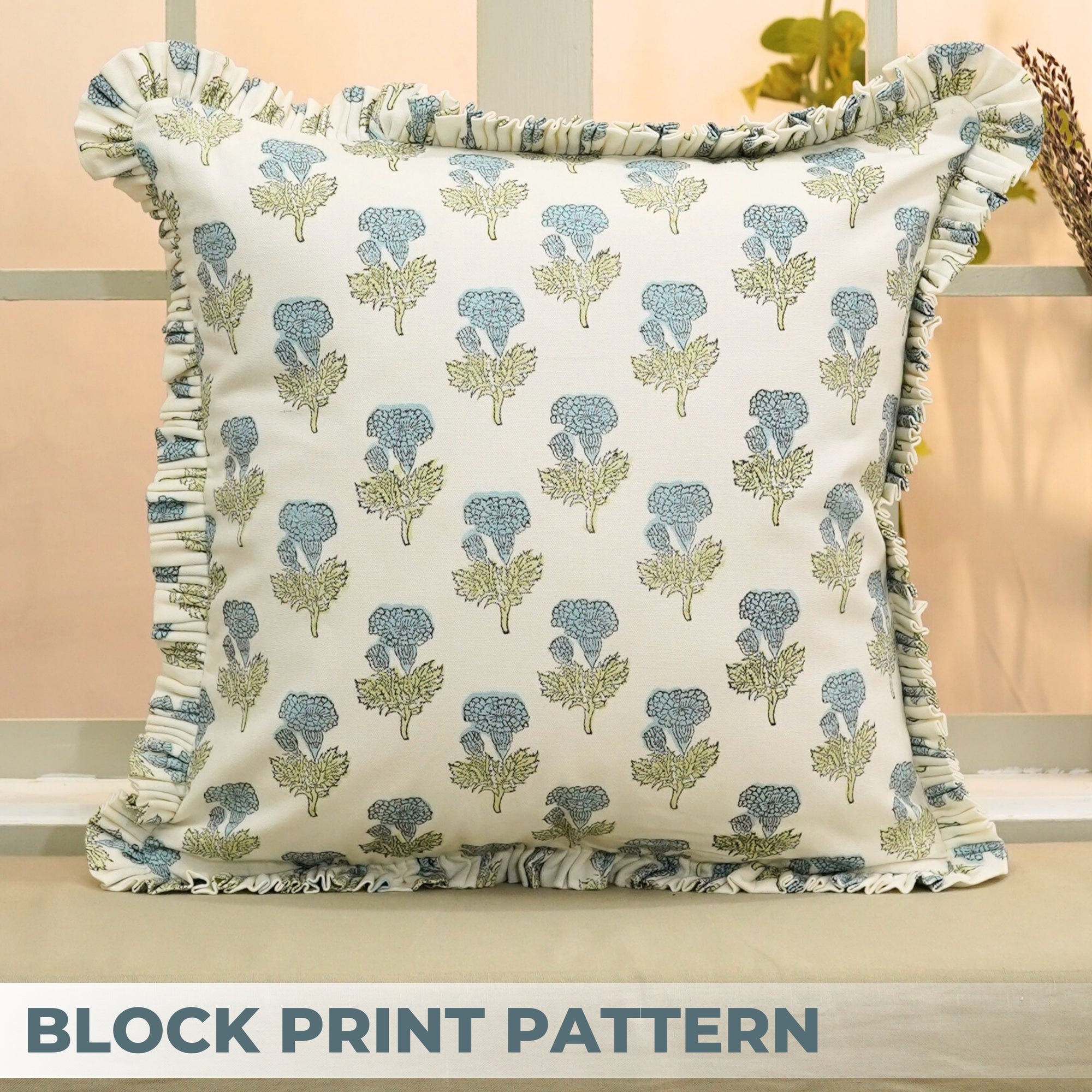 Indian Handmade Block Printed Thick Cotton White Frill Pillow Cover - Manmohan