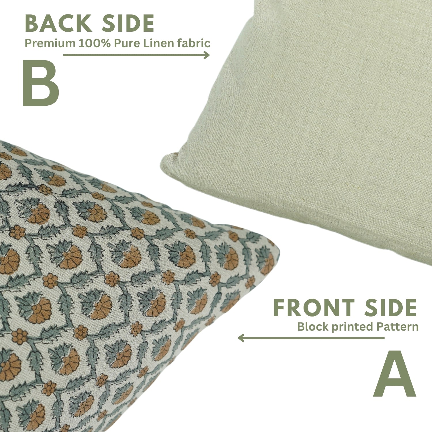 Handmade Floral Brown and Green Block Printed Pure Linen Pillow Cover - Shehnaaz