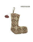 Hand Block Printed Pure Linen Christmas Stocking in Wine & Gray Floral Holiday Decor with Pom Pom Tassel - Hridyavan