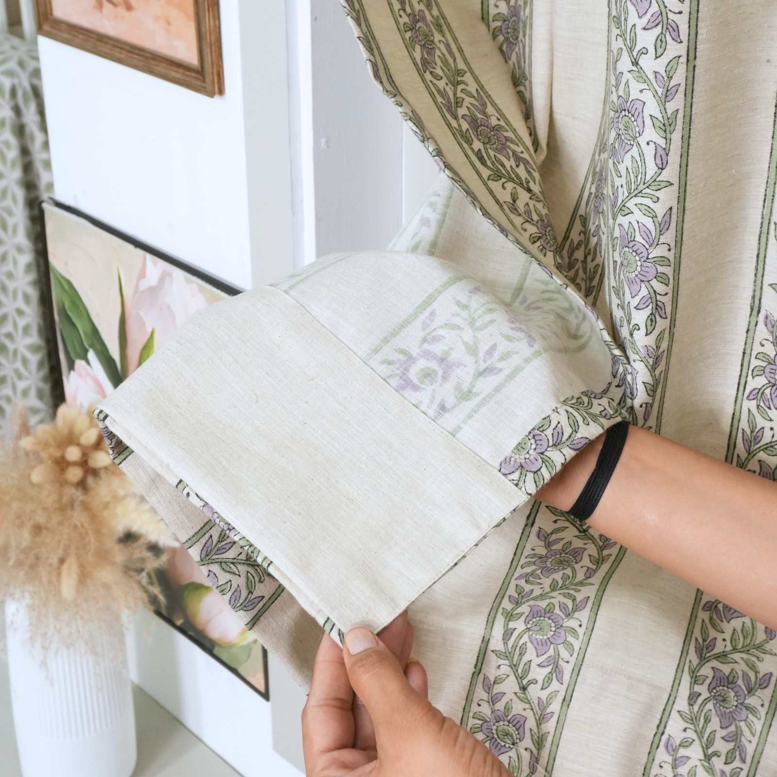 Indian Artisan Lavender Floral Linen Blend Tab Top Curtains - Kushi