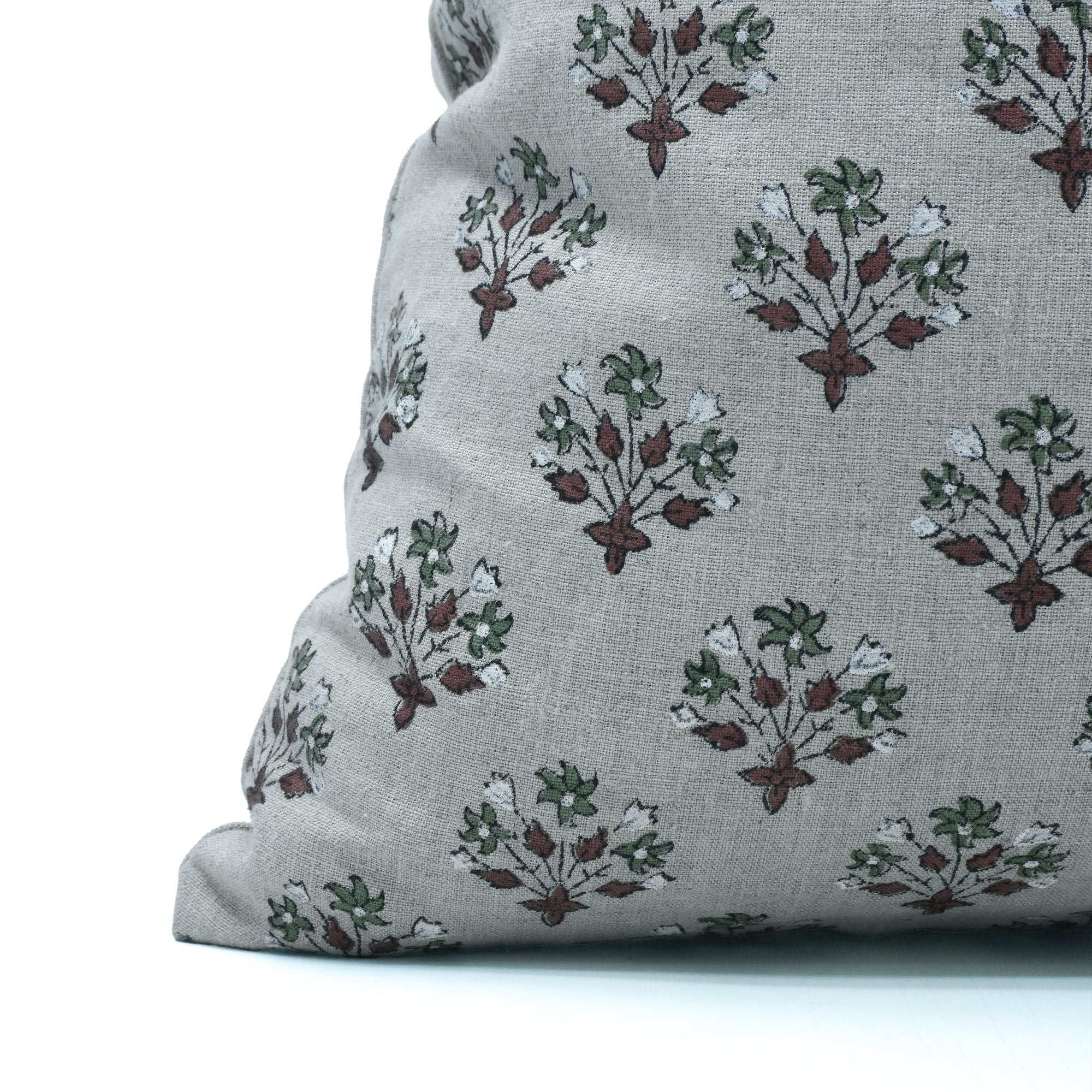 Hand Block Print Linen Cushion Cover Green &amp; Brown Diwali Flower