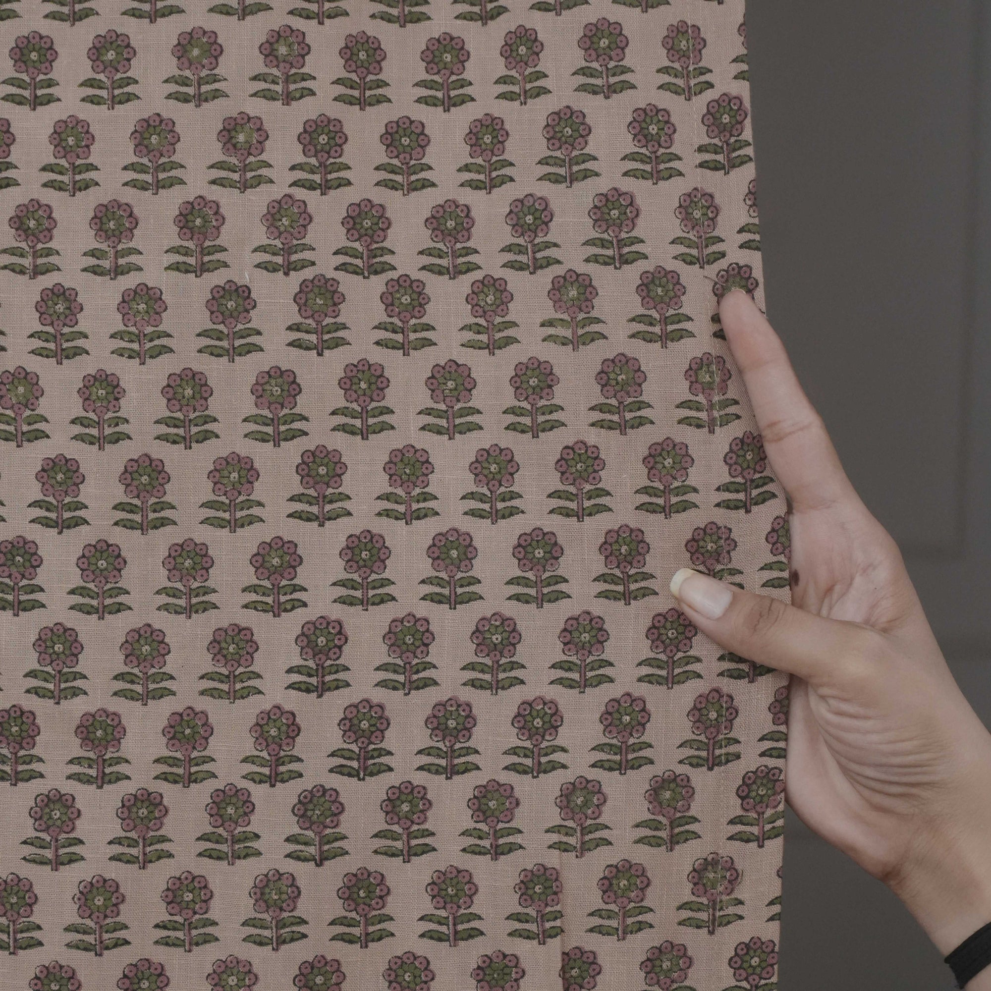 Pink Floral Block Print Viscose Linen Tab Top Curtains - Anamika