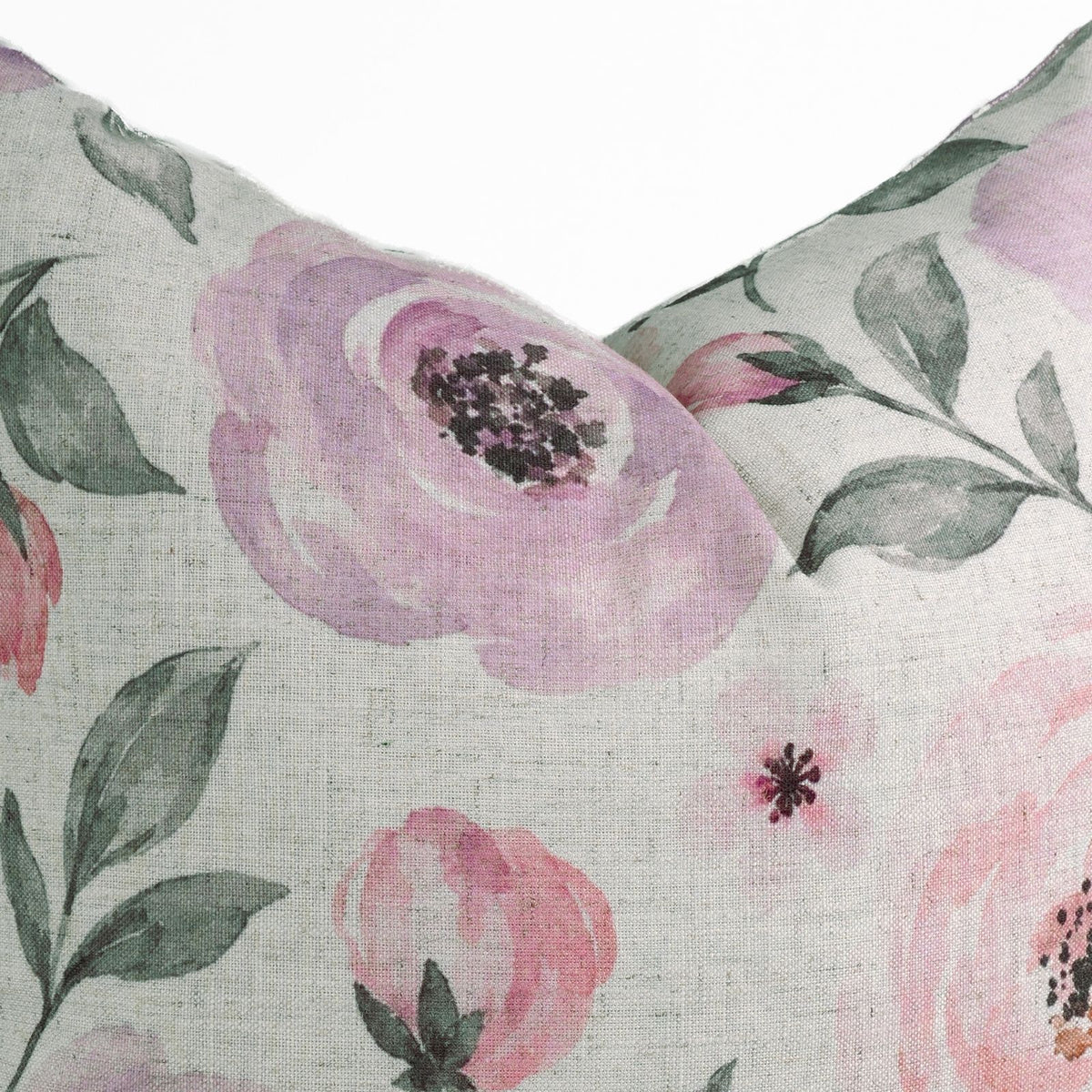 Pink Rose Floral Printed Natural Cream Linen Pillow Cover