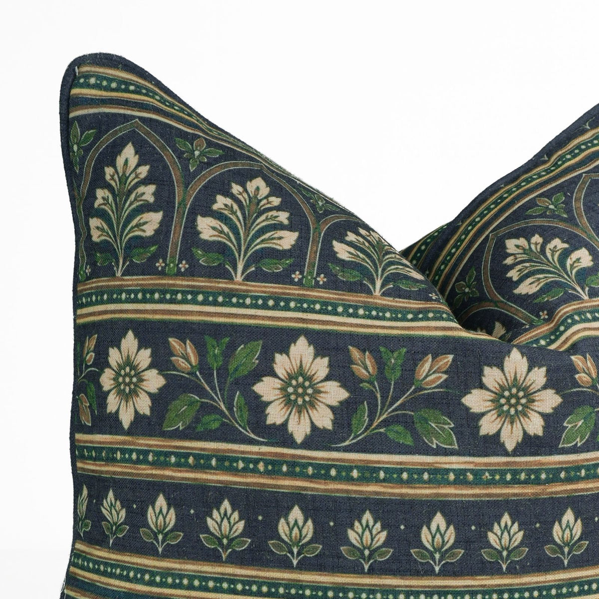 Floral Printed Piping Deep Navy Viscose Linen Cushion Cover