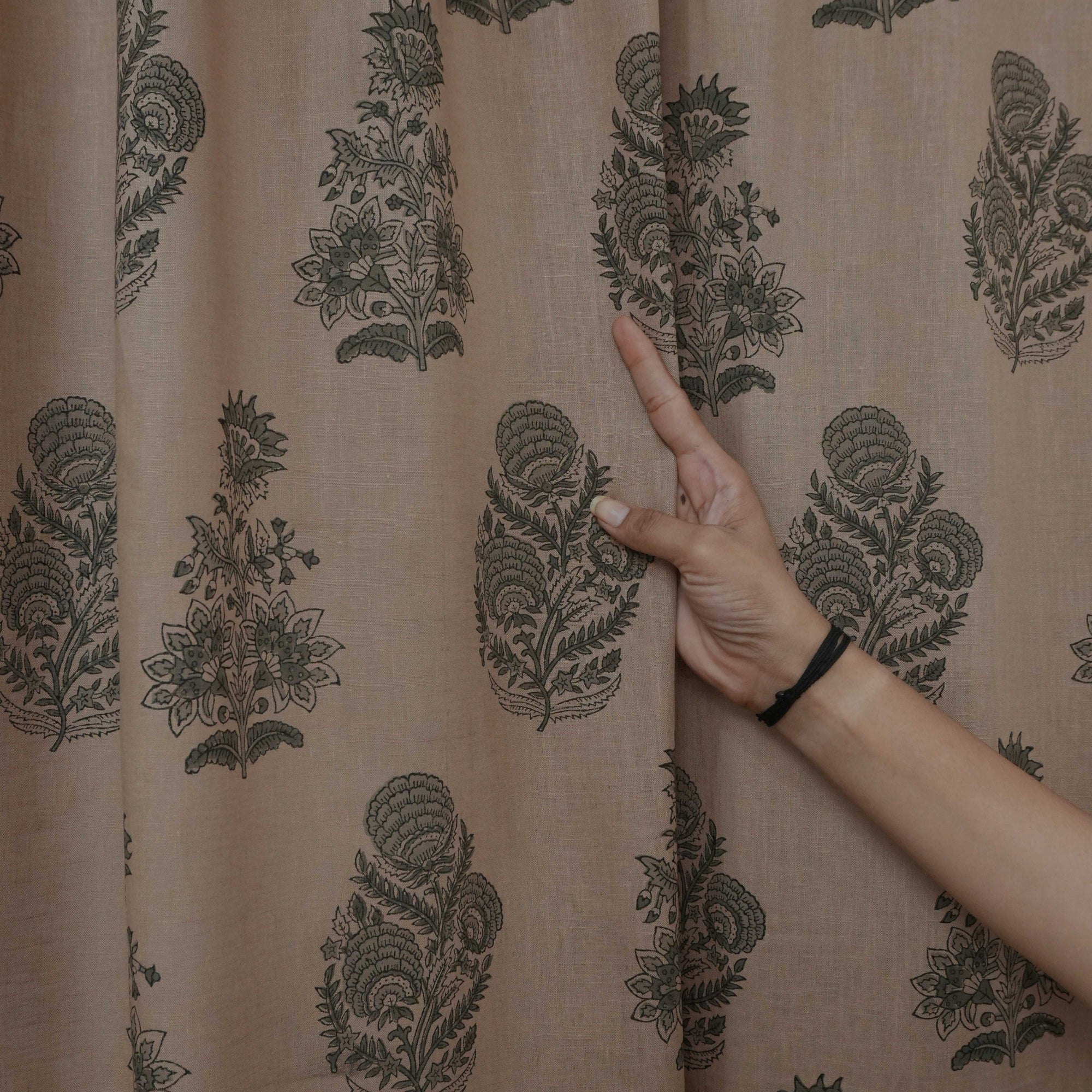Mohini Gray Floral Hand Block Print Viscose Linen Tab Top Curtains