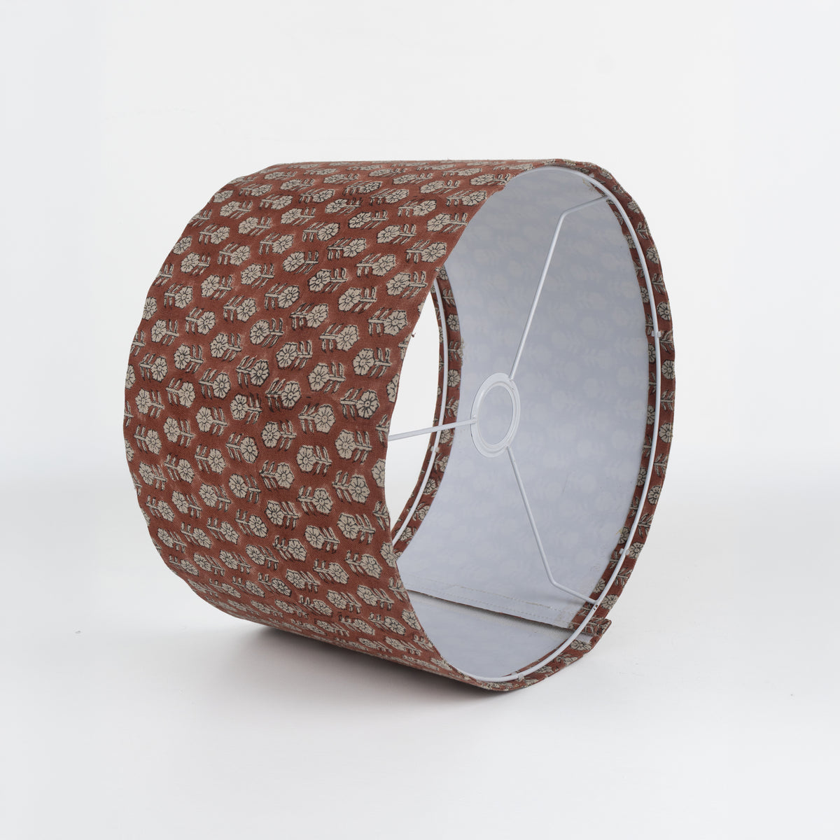 Block Print Drum Lampshade on Heavy Linen - Rust Tulsi Buti
