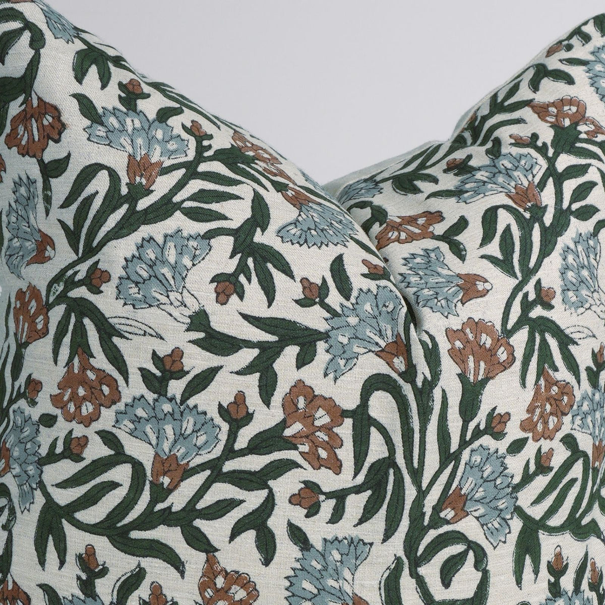 Block Print Thorny Stems Dusty Blue Linen Blend Cushion Cover