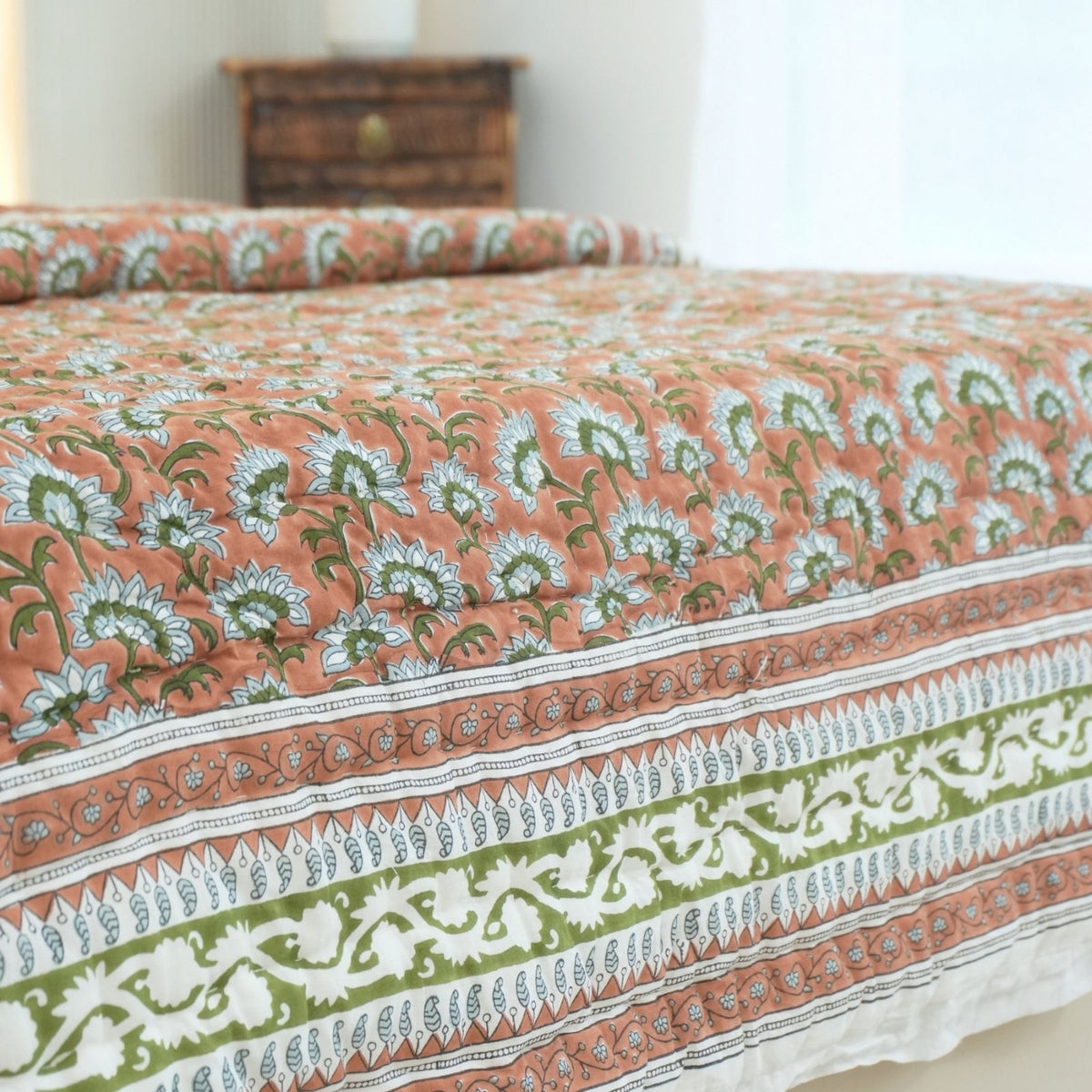 Block Print Floral Border Decorative Cotton Quilt - Rajanigandha