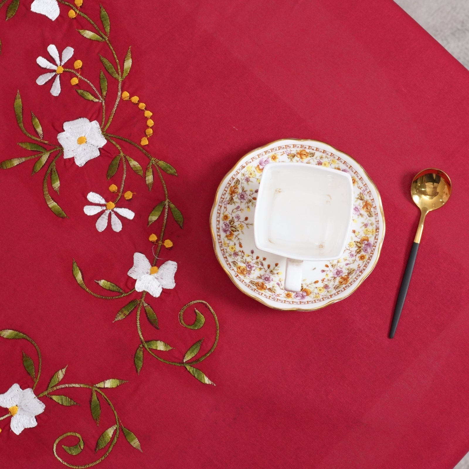 Red Green Floral Embroidered Cotton Table Cover | Dining Decor