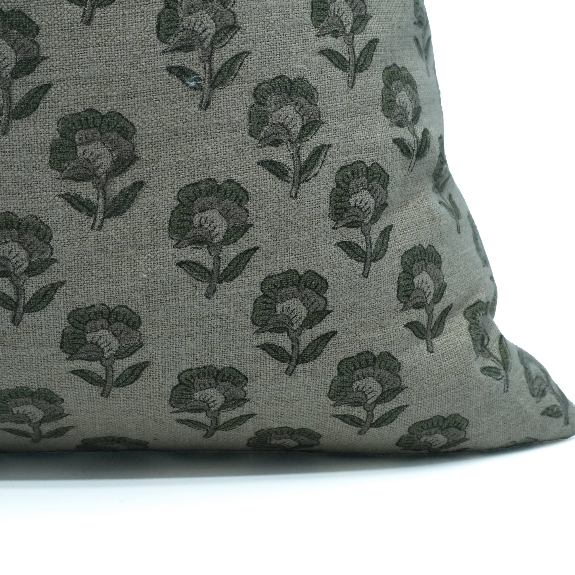 Rohini Gray Floral Block Print Thick Linen Pillow Cover 
