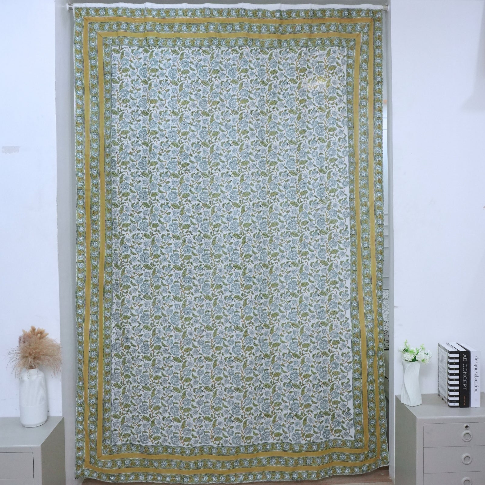 Hand Printed Blue Floral Pure Cotton Boho Curtain - Mandakani
