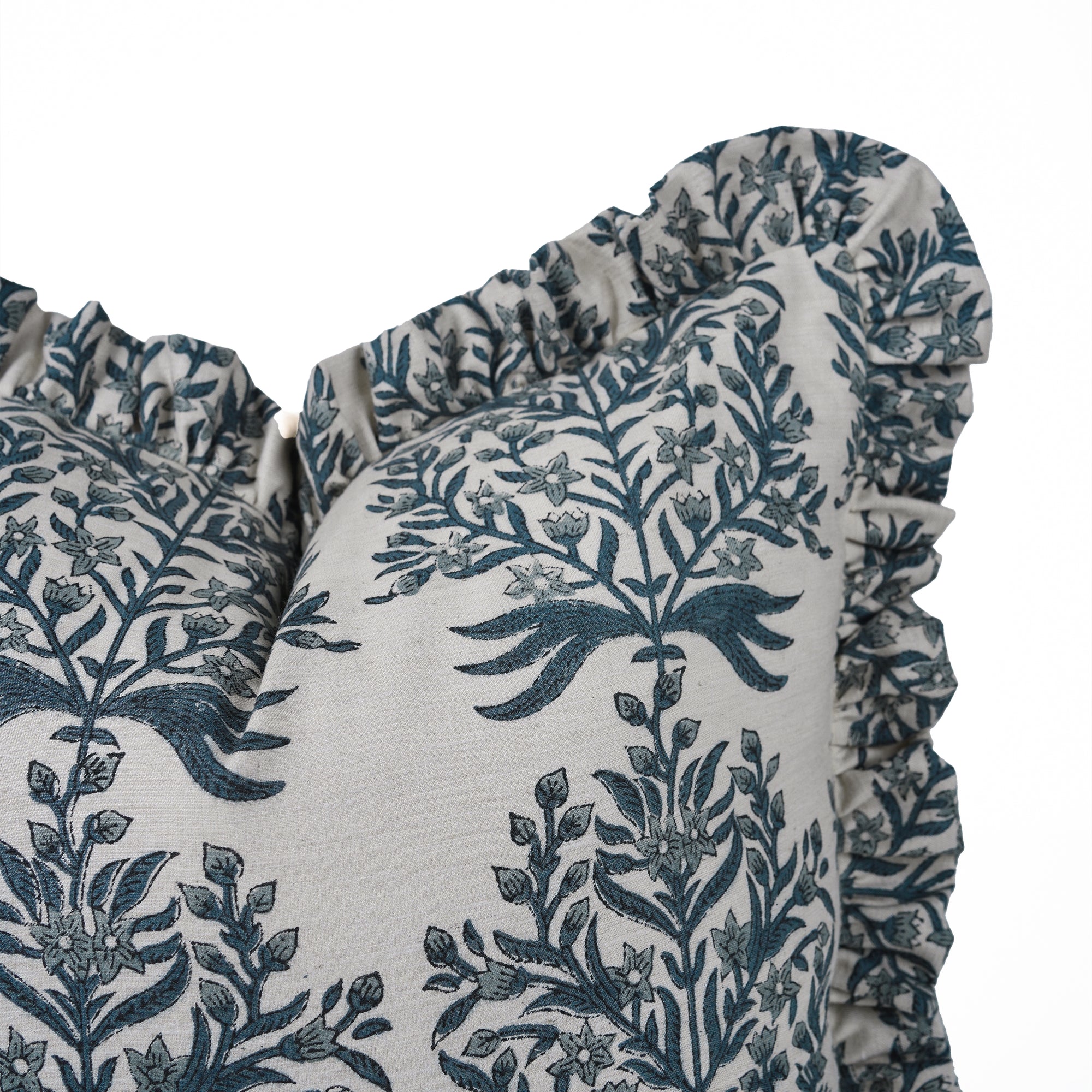 Vrindavan Block Print Frill Pillow Cover on Linen Blend