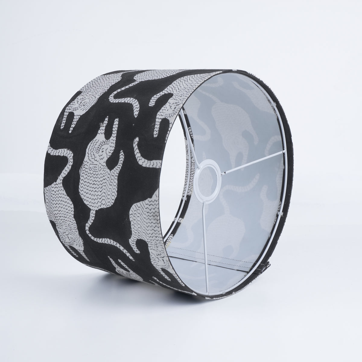 Hand Printed Drum Lampshade in Thick Cotton White - Black Mushak 