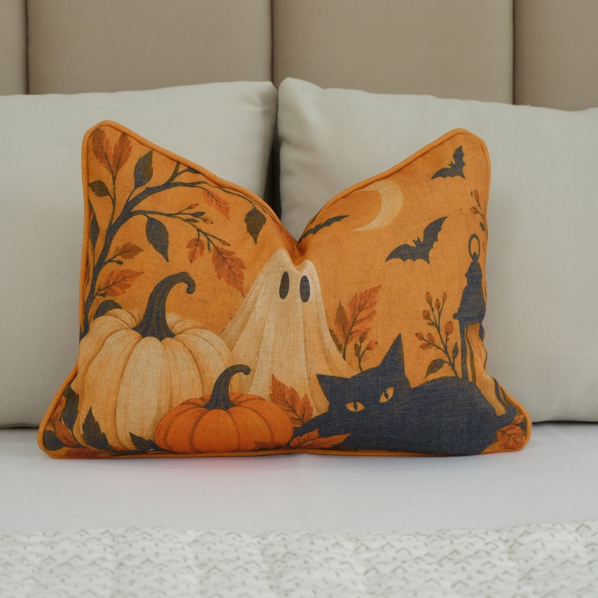 Haunted Cat Printed Orange Linen Piping Lumbar Pillow Cover