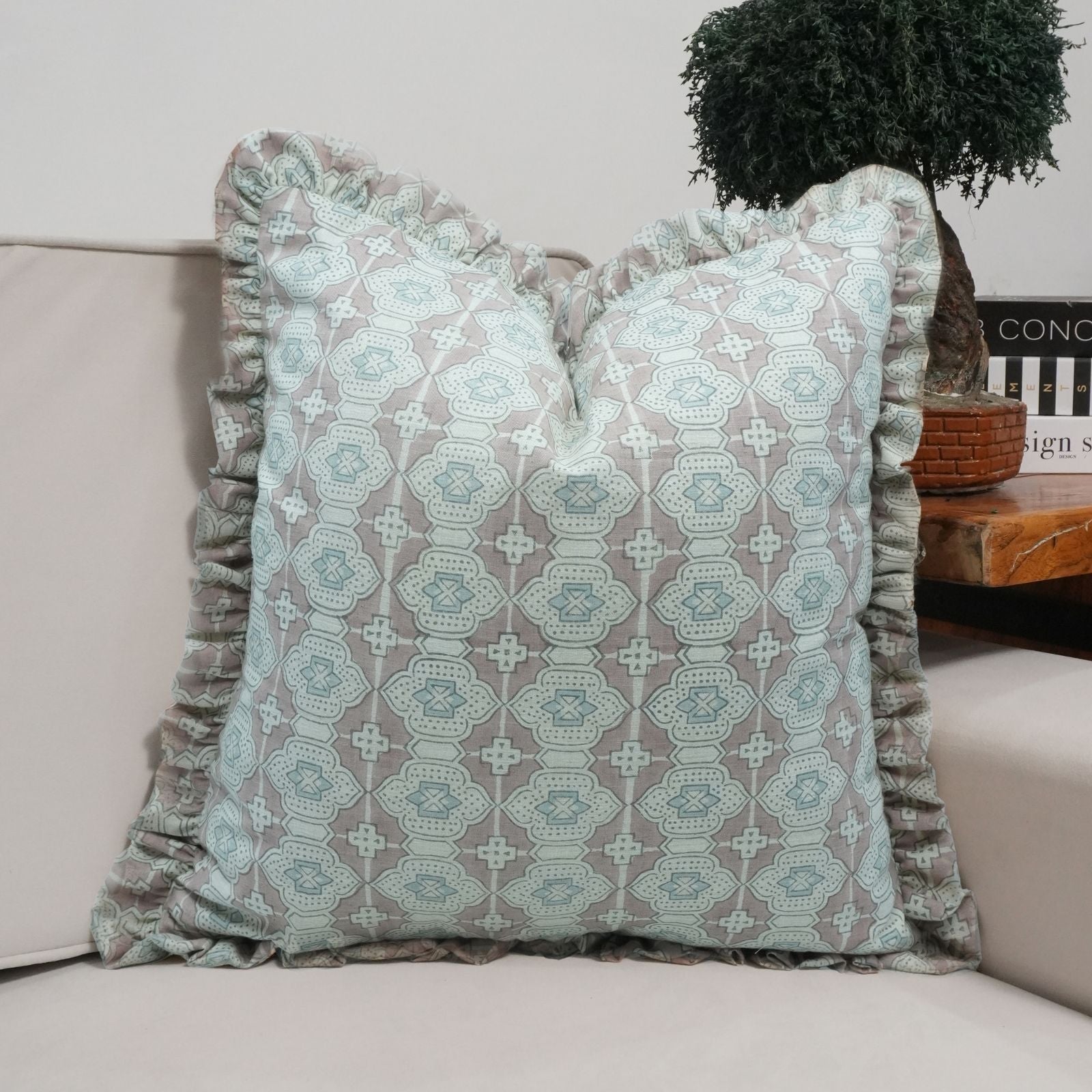 Block Print Peach Floral Frill Linen Cushion Cover – Jharoka