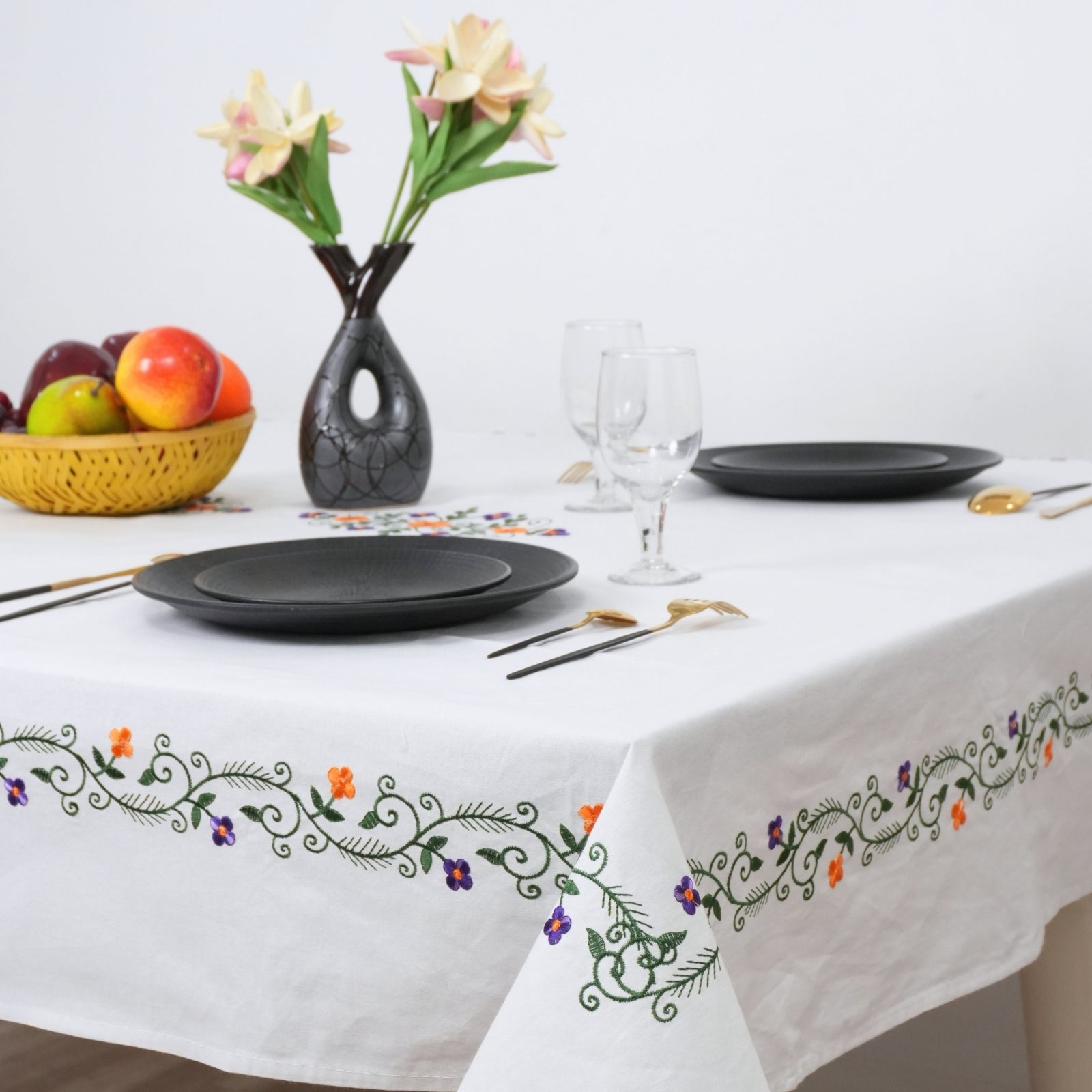 Hand Embroidered Orange and Blue Floral Cotton Tablecloth