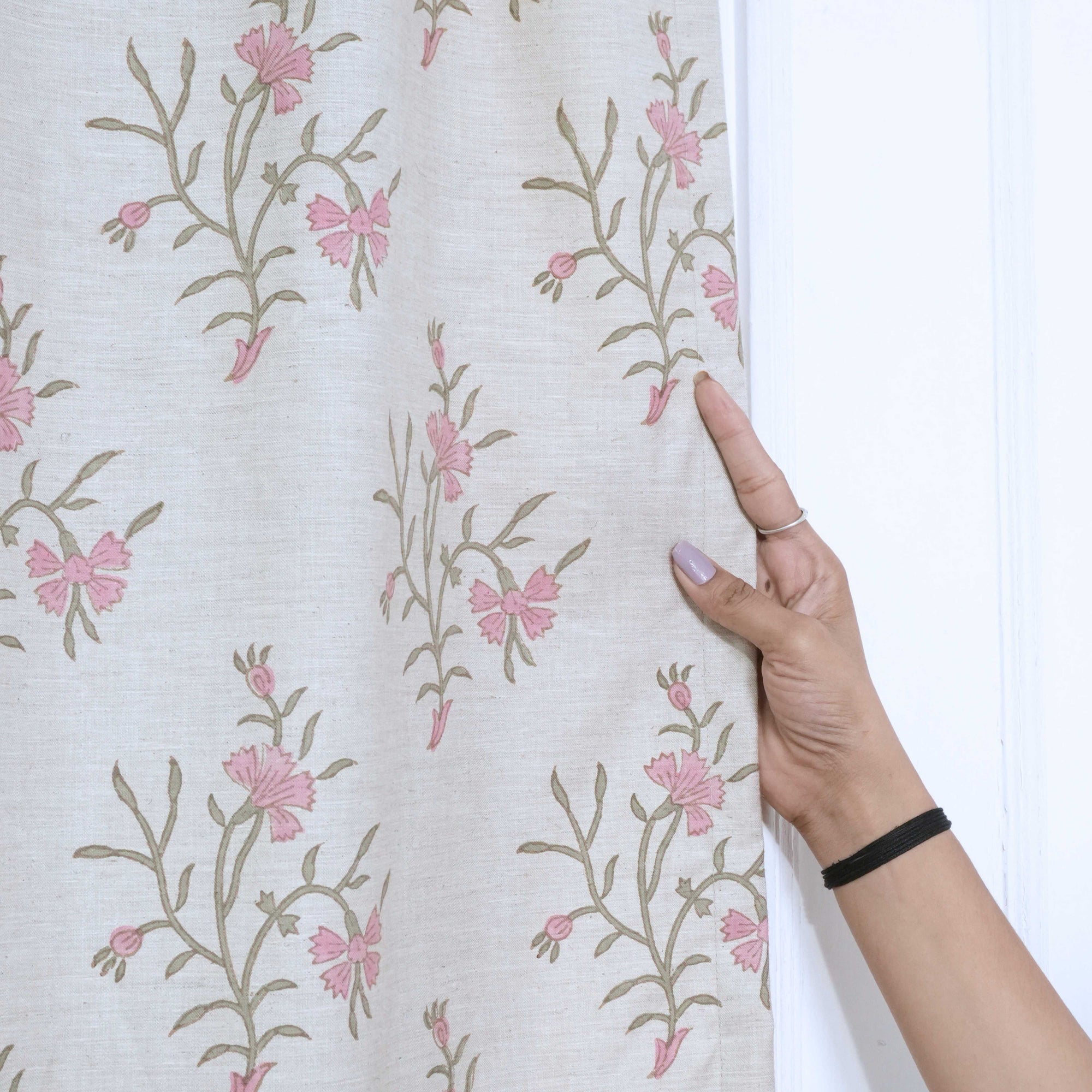 Strawberry Hand Block Print Tab Top Curtains | Pink Linen