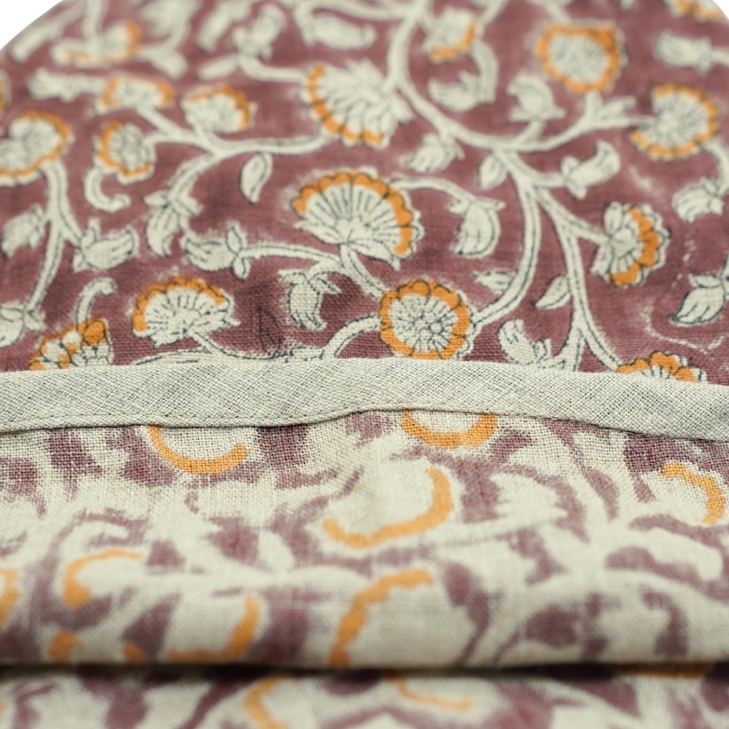 Hand Block Printed Orange & Brown Floral in Premium Pure Linen Christmas Tree Skirt Holiday Decor - Himachal