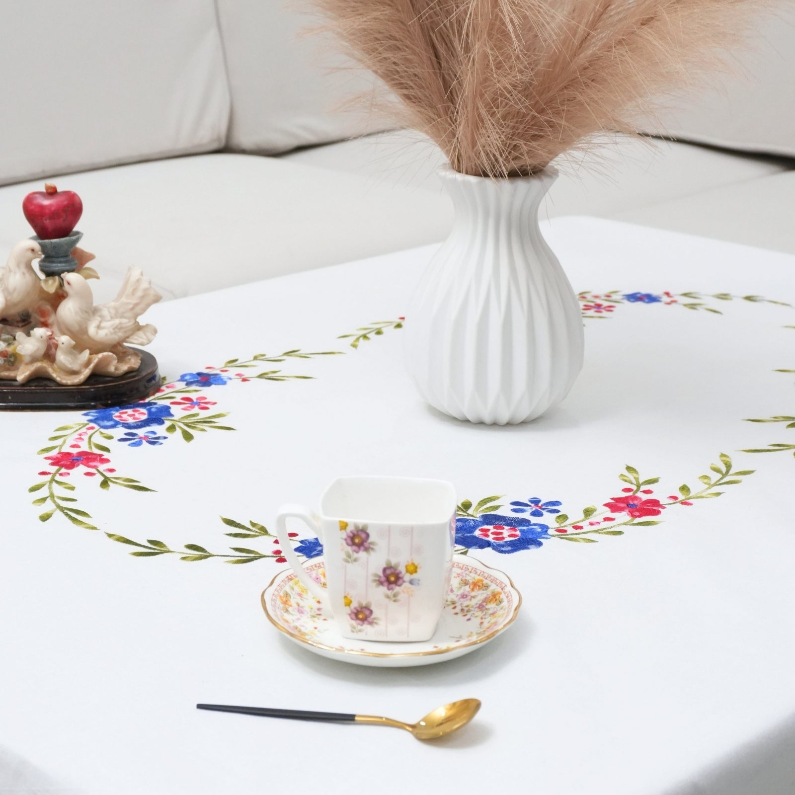 Red Floral Embroidered Cotton Tablecloth | Farmhouse Decor