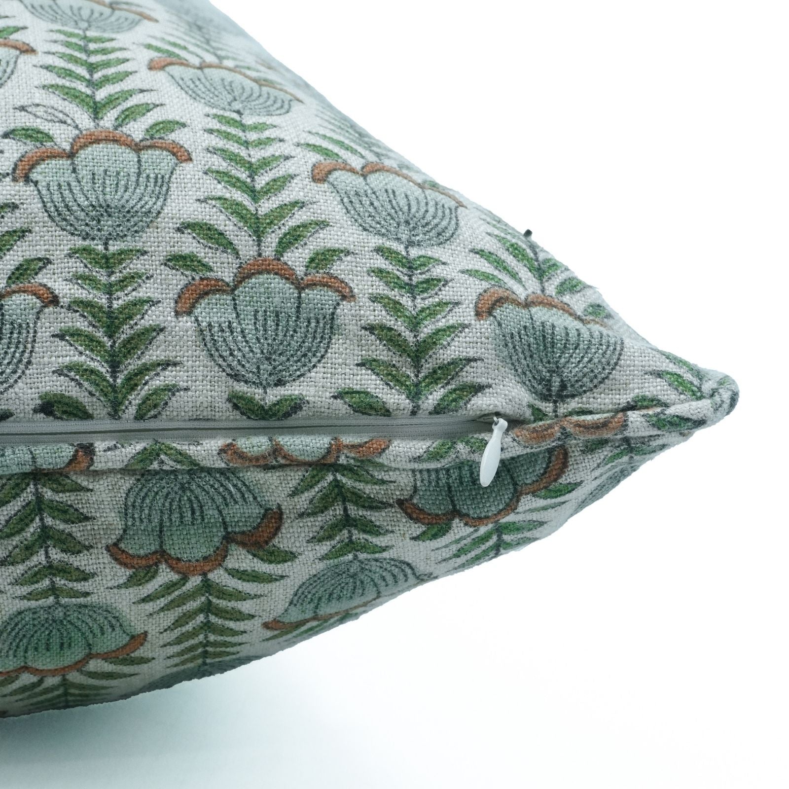 Gray Lotus Hand Block Print Thick Linen Piping Cushion Cover