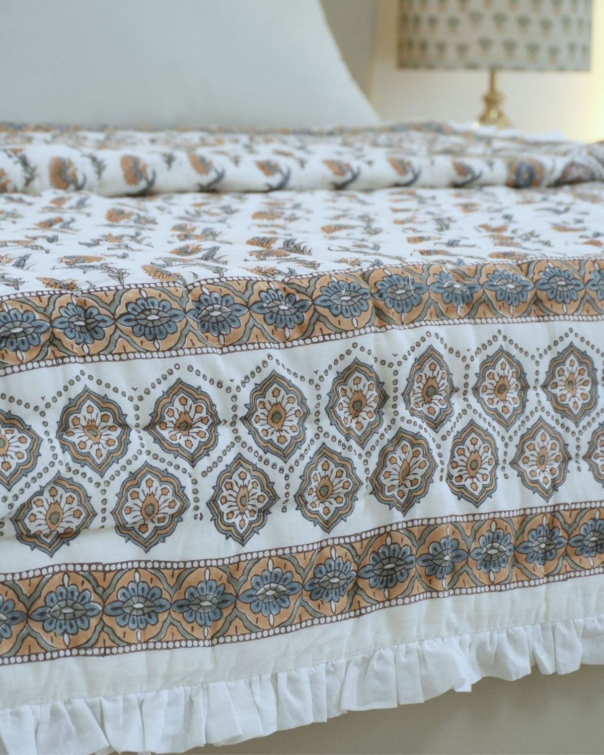 Handcrafted Block Print Gold Daffodil Cotton Reversible Quilt 
