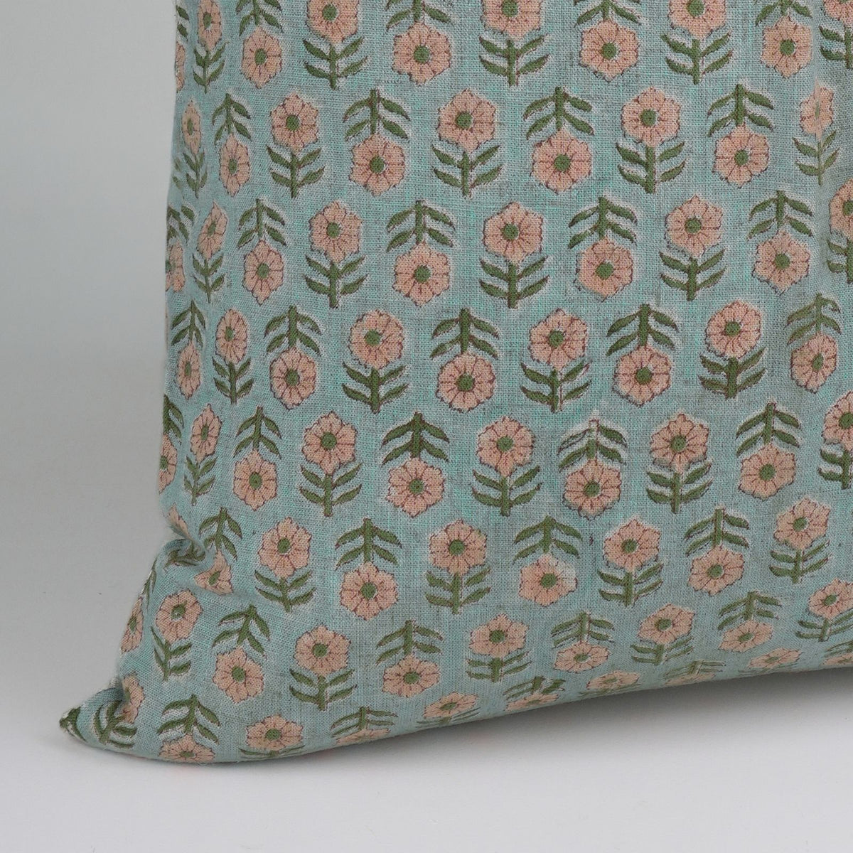 Tulsi Buti Block Print Sage Green Floral Linen Cushion Cover
