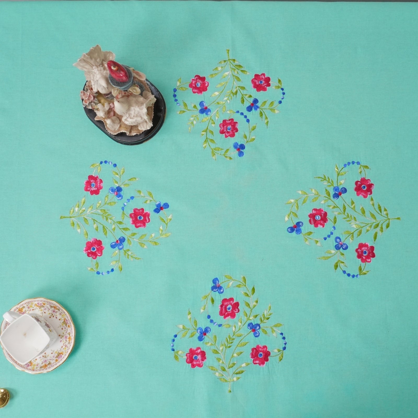 Aqua Green Red Floral Boho Embroidered Cotton Tablecloth | Decor