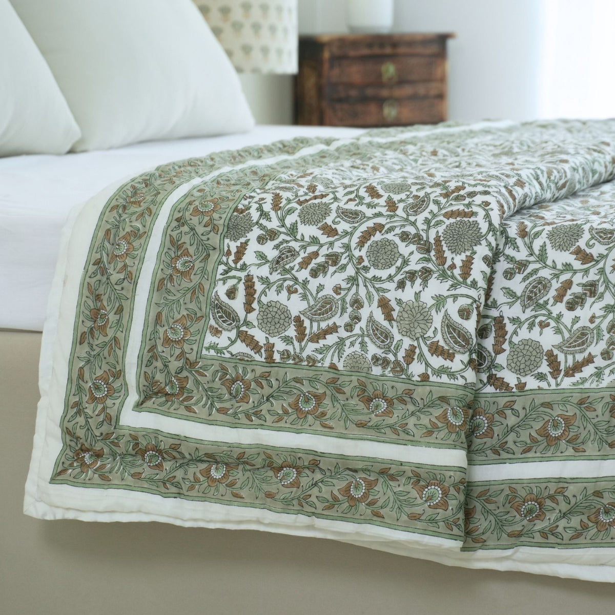 Block Print Sage Green Cotton Reversible Quilt - Gopi