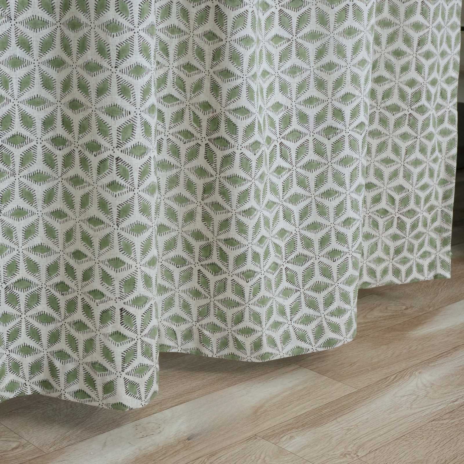 Block Print Tab Top Linen Curtains Shatkon Sage Green