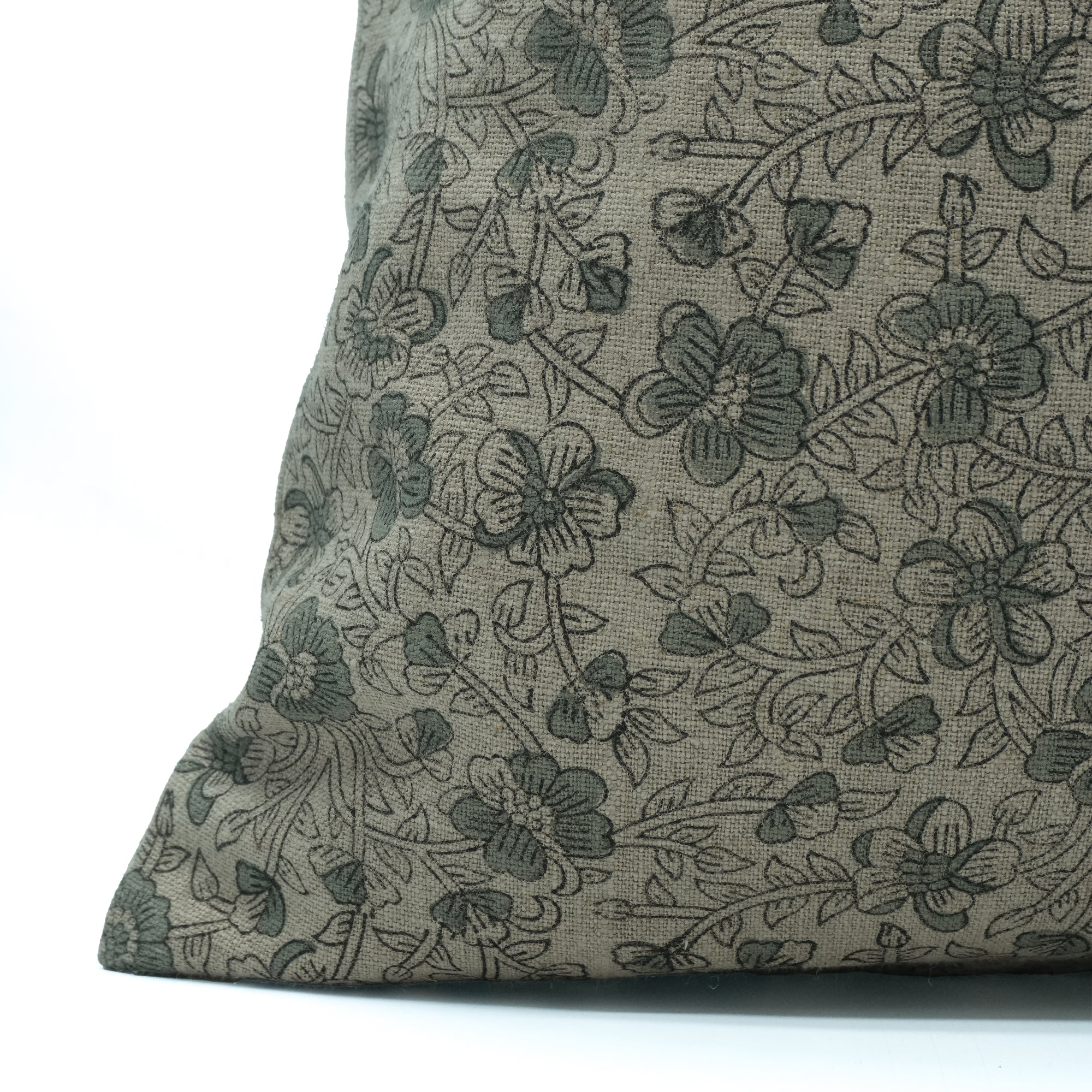 Handmade Saundrya Printed Gray Floral Linen Cushion Cover