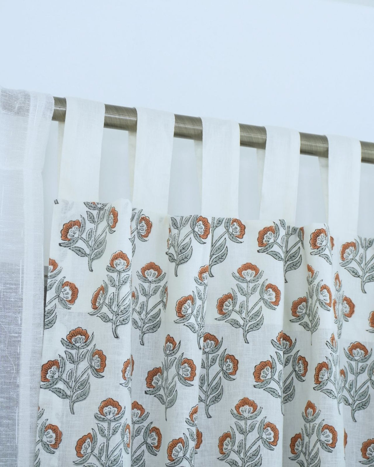 Block Print Rust Floral Viscose Linen Curtain - Bael Patra