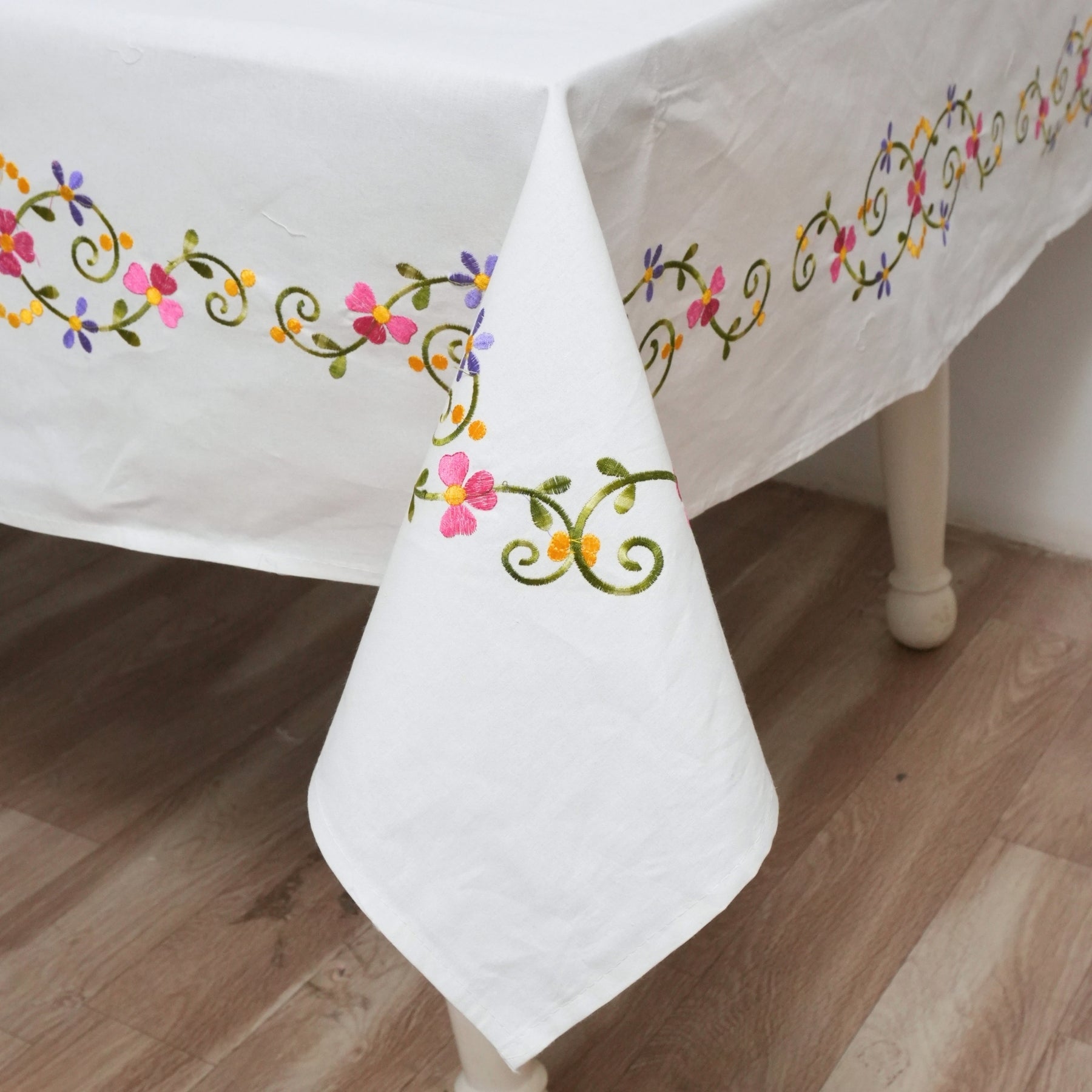 Pink and Green Floral Embroidered Thick Cotton Table Cover