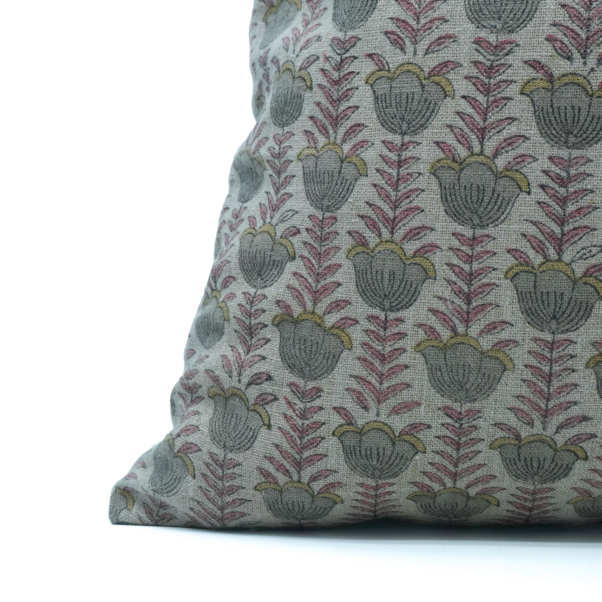 Lotus Handcrafted Thick Linen Cushion Cover Pink and Gray Floral