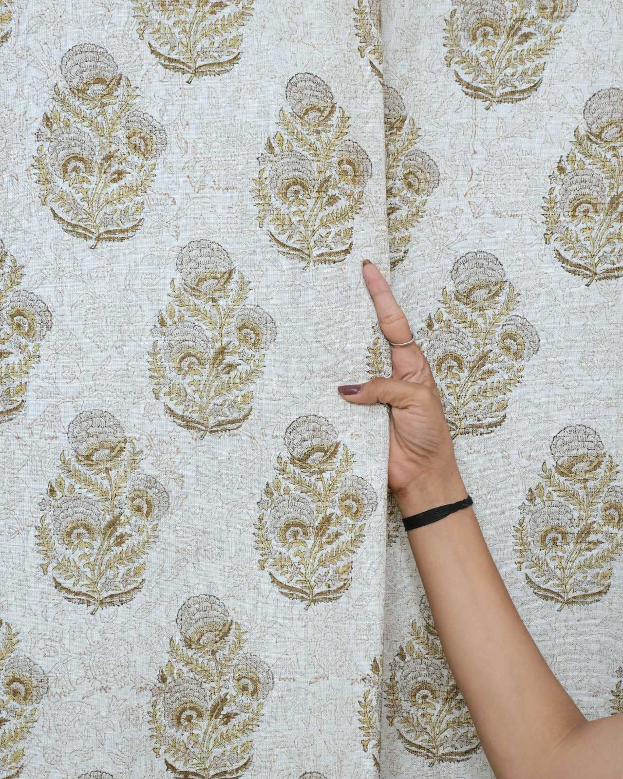 Wooden Block Gray Floral Linen Bedroom Drapery - Mohini