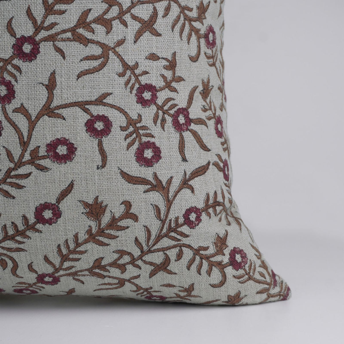 Block Print Pink Floral Linen Boho Cushion Cover - Shehjan