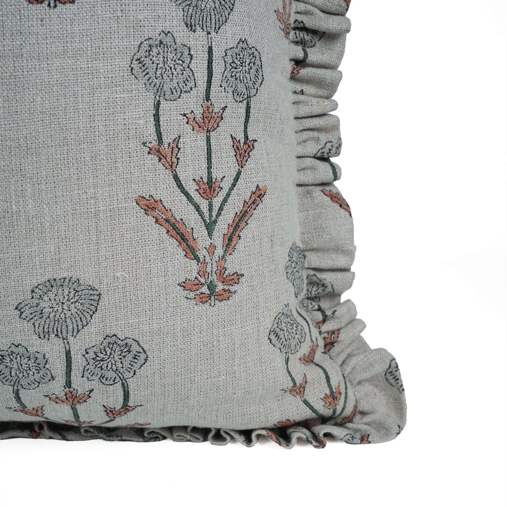 Amitabh Block Print Linen Ruffled Frill Cushion Cover