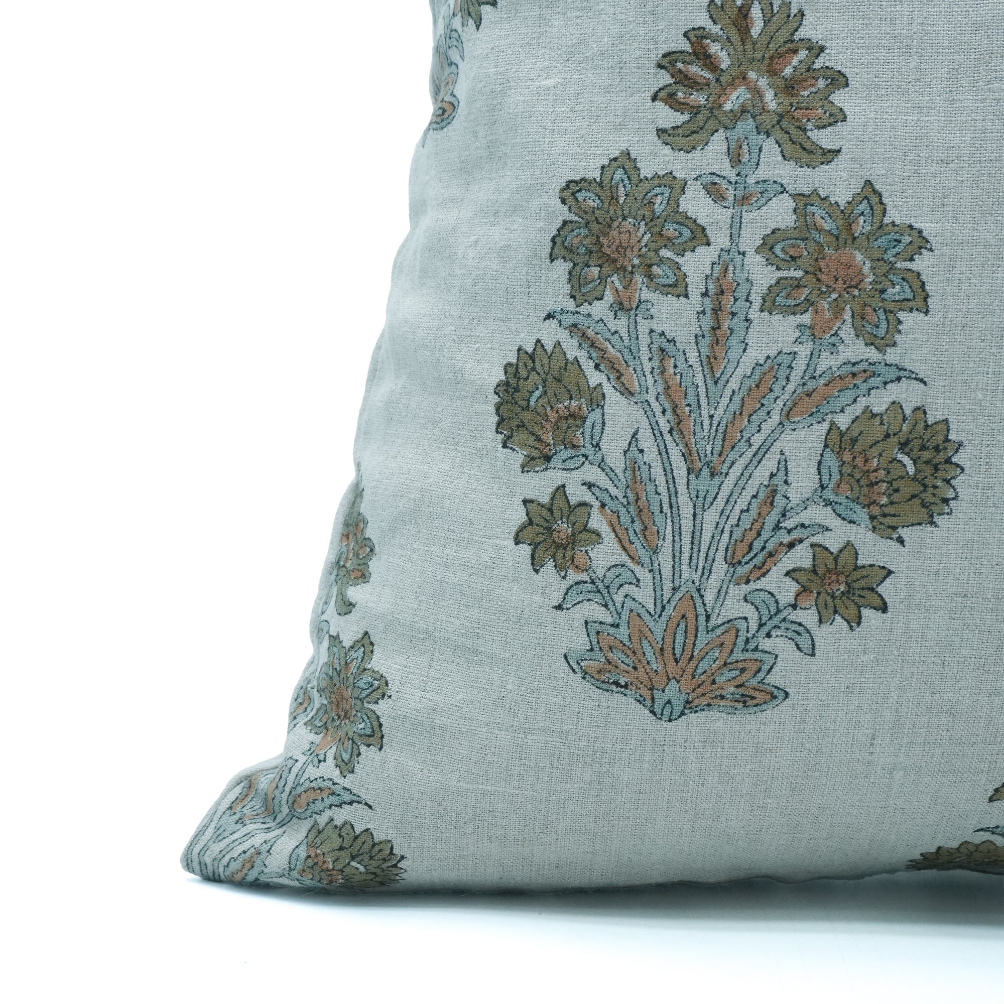 Morpankh Block Print Pure Linen Cushion Cover Green Floral 