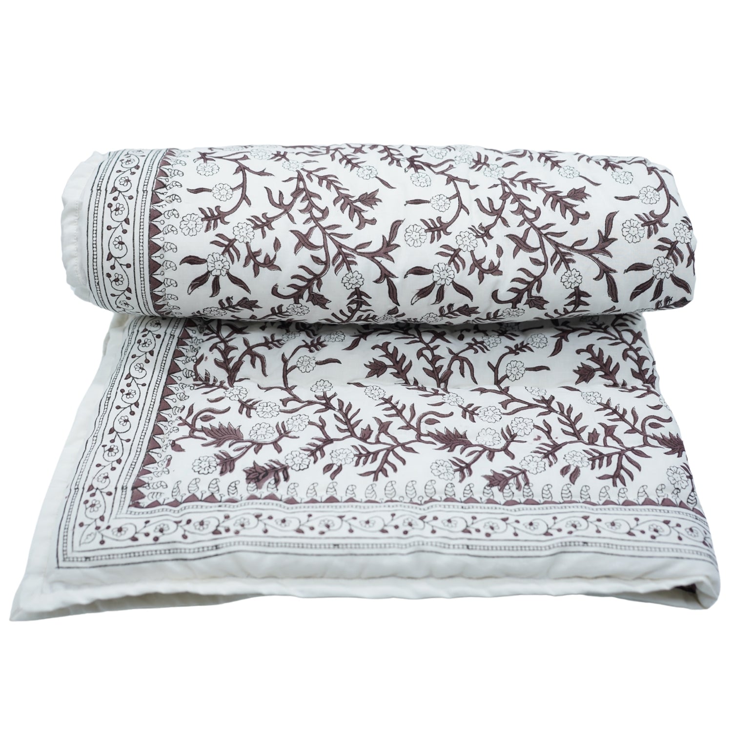 Block Print Brown Cotton Quilt Reversible &amp; Lightweight - Shejan
