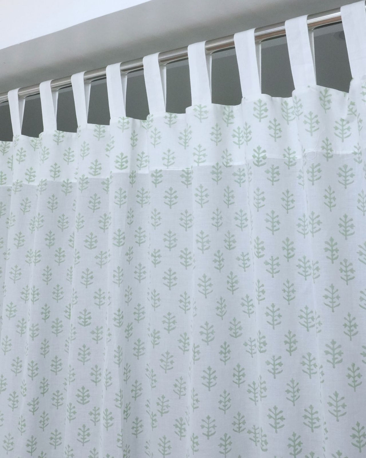 Jasmine Block Print Sage Green 100% Cotton Tab Top Curtain