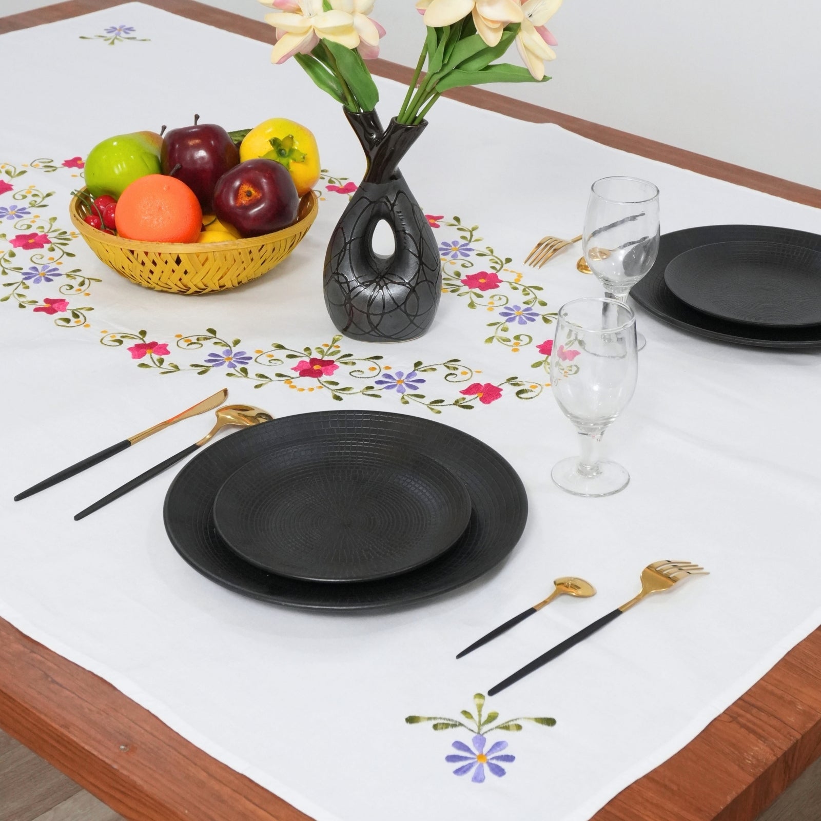 Blue Floral Embroidered 100% Thick Cotton Table Cover