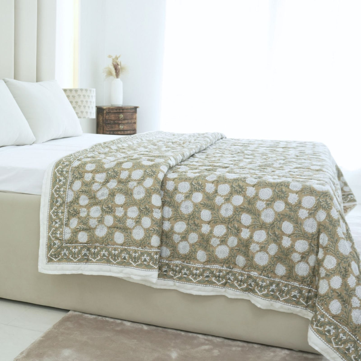 Beige Floral Block Print Cotton Reversible Quilt - Rajat Design